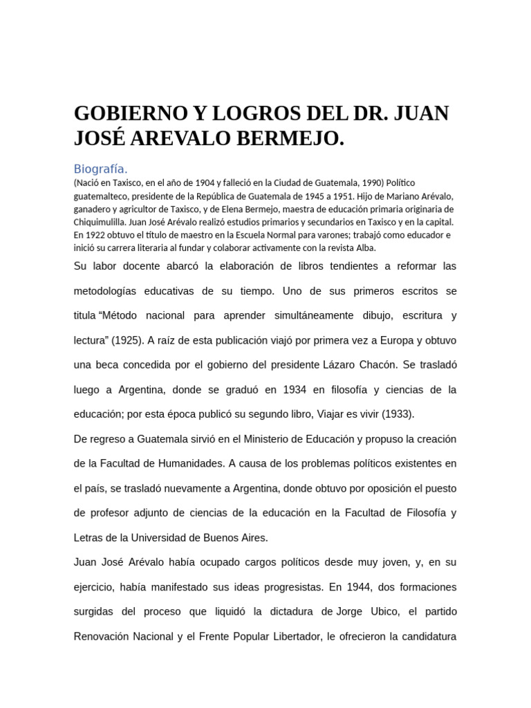 Gobierno y Logros Del Gobierno JJ Arevalo B. | PDF | Guatemala
