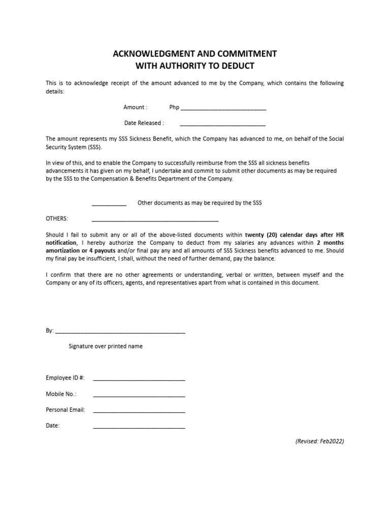 SSS Sickness Benefit Acknowledgment Form | PDF