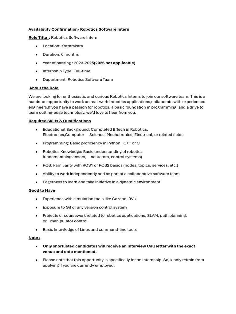 Robotics Software Intern Position Available | PDF