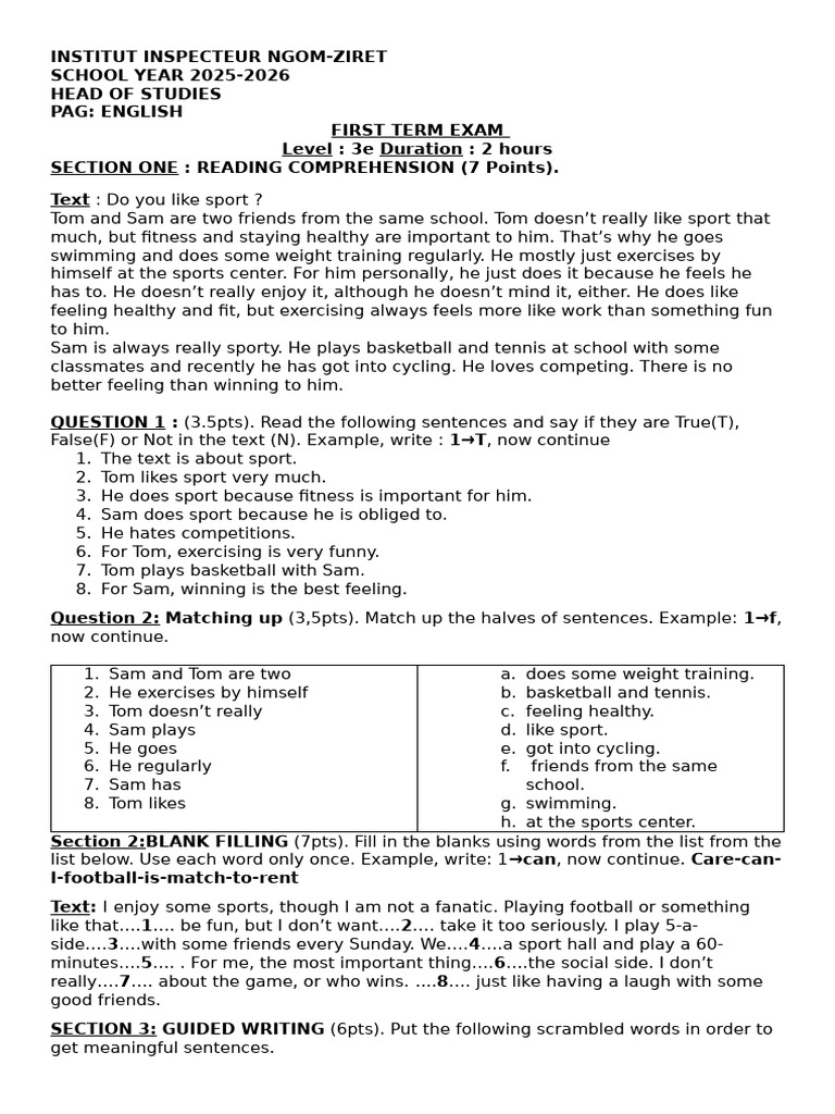 English First Term Exam 2025-2026 | PDF | Chess Theory | Chess