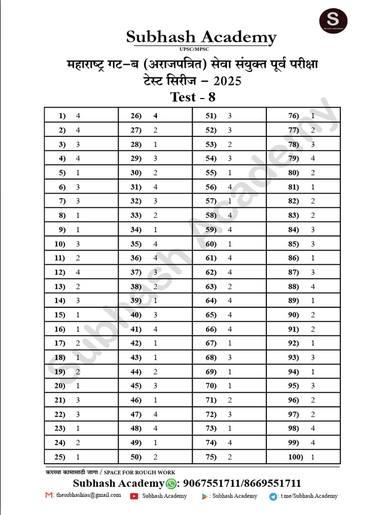UPSC/MPSC Test 8 Answer Key | PDF
