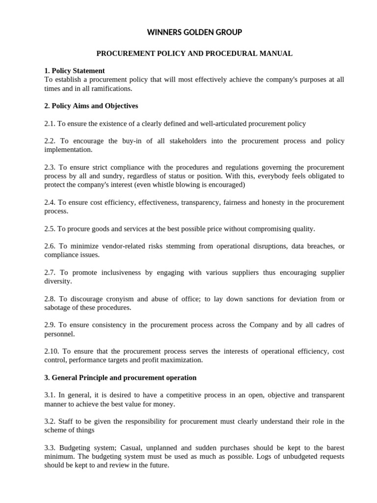 Winners Golden Group Procurement Manual | PDF | Procurement | Business