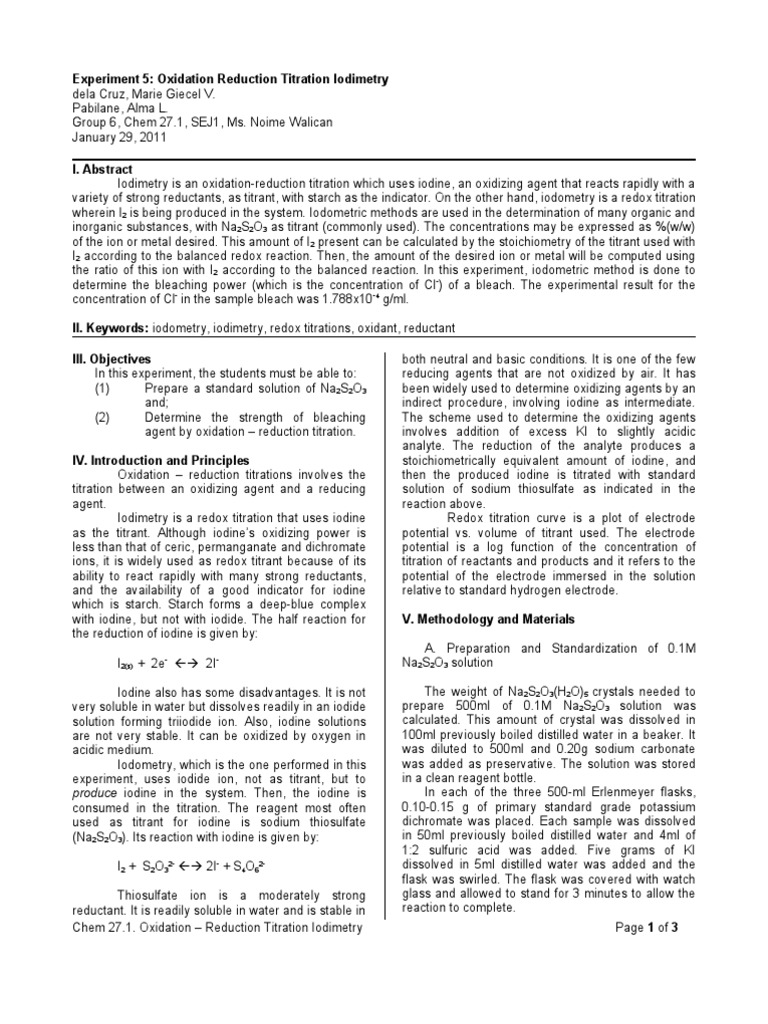 Experiment 5 OxidationReduction Titration Iodimetry Titration Redox