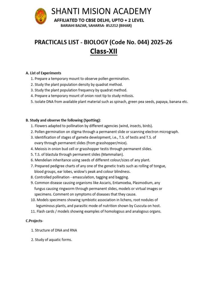 Class XII Biology Practical List 2025-26 | PDF