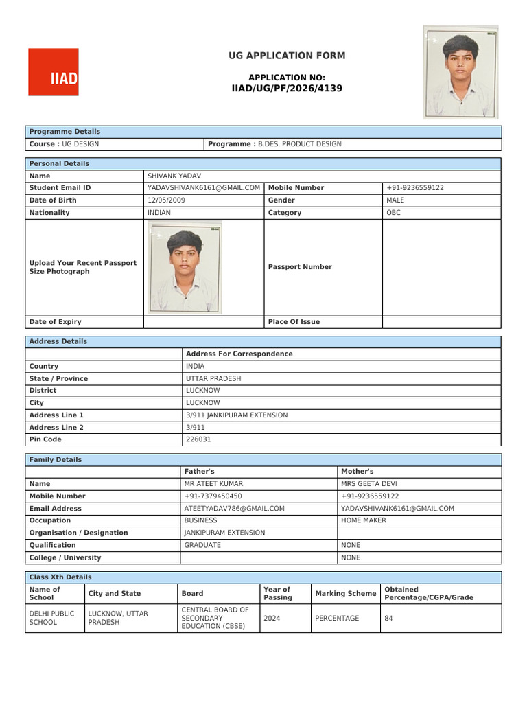 Application Form IIAD UG PF 2026 4139 | PDF