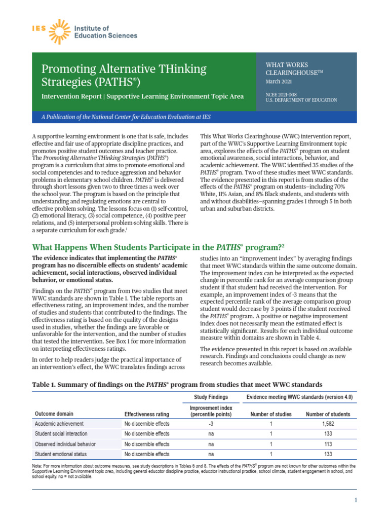 PATHS® Program Effectiveness Report | PDF | Teachers | Effect Size