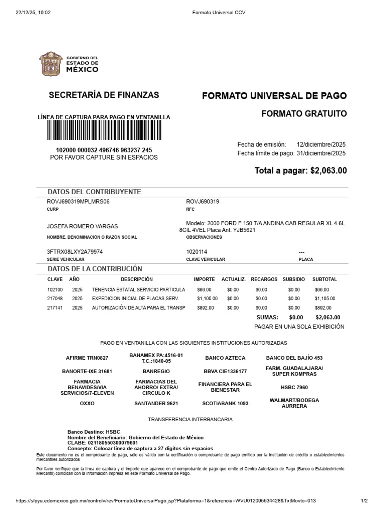 Formato Universal de Pago Tenencia 2025 | PDF | Economias | Finanzas ...