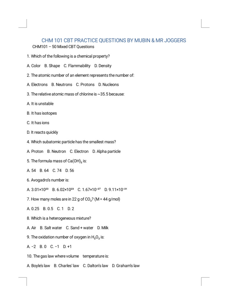 CHM 101 Practice Questions & Answers | PDF | Mole (Unit) | Chemical ...