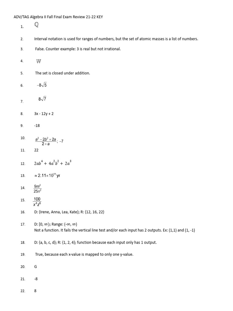 Algebra II Fall Final Exam Review Key | PDF | Chess Theory | Chess
