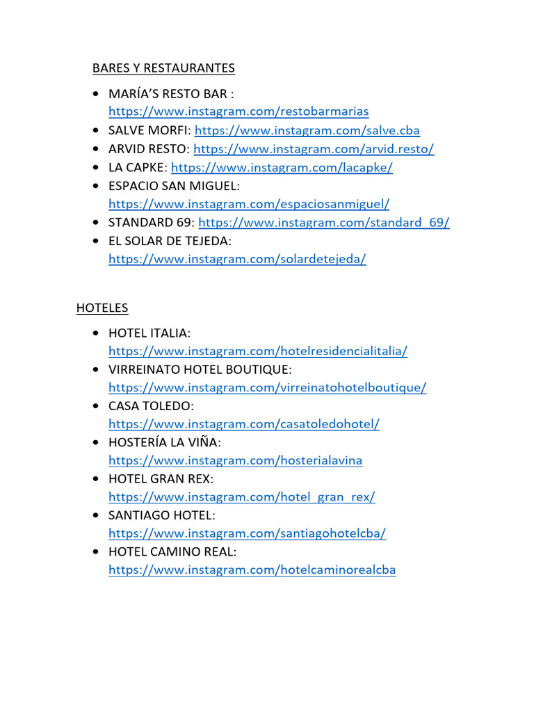 Lista de Bares y Hoteles | PDF