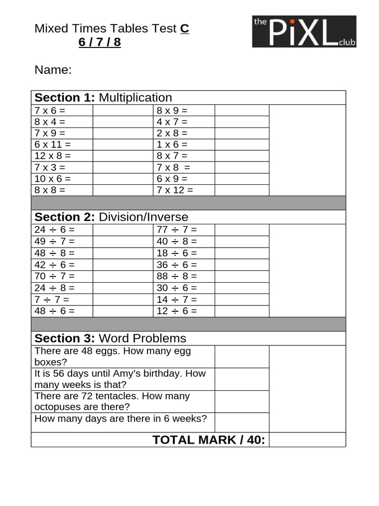 Mixed Times Tables Test for Grades 6-8 | PDF