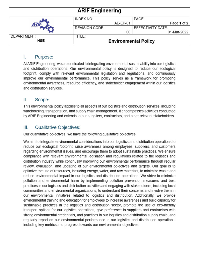 ARIF Engineering Environmental Policy | PDF | Logistics | Supply Chain