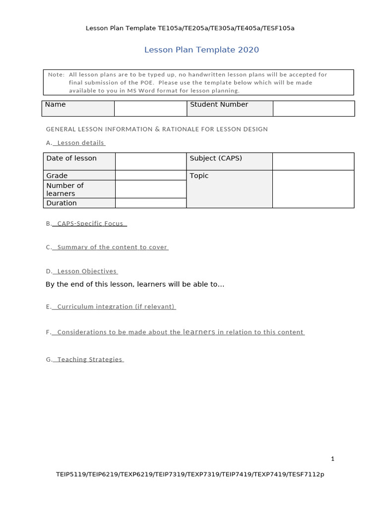 Lesson Plan Template 2020 | PDF | Lesson Plan | Learning