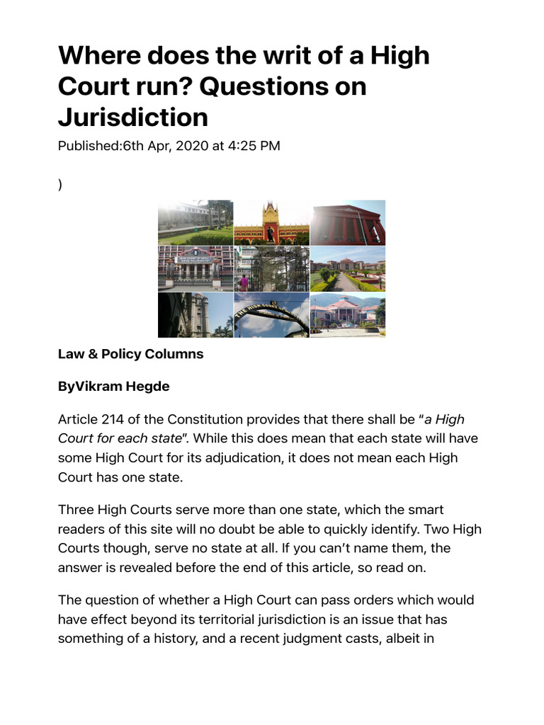 Where Does The Writ of A High Court Run Questions On Jurisdiction | PDF ...