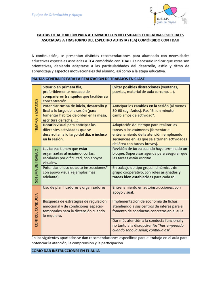 Pautas para Alumnos con TEA y TDAH | PDF | Autismo | Desorden ...