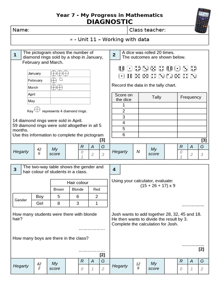 Year 7 Unit 11 - Working With Data - Extension - Diagnostic | PDF