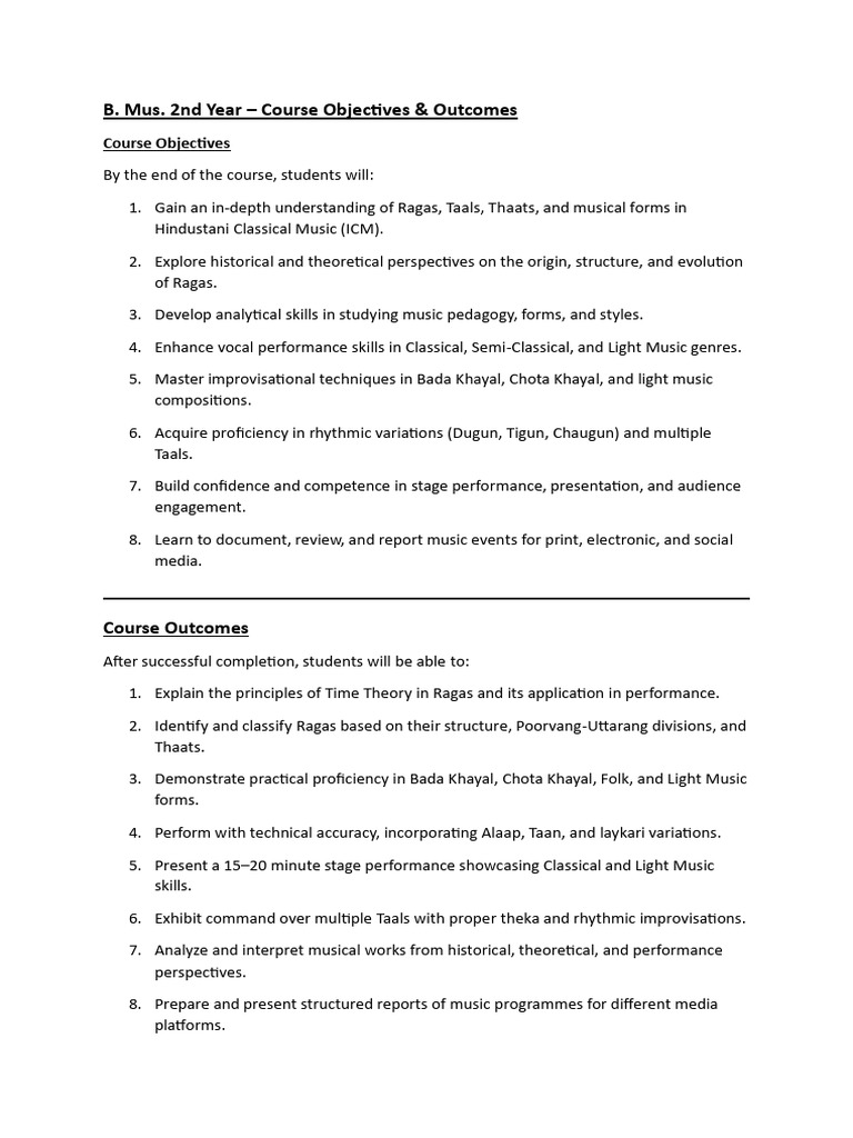Hindustani Music Course Objectives & Outcomes | PDF | Musicology ...