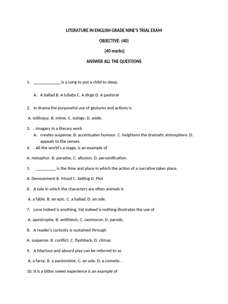 Grade 9 English Literature Exam Guide | PDF | Poetry | Rhyme