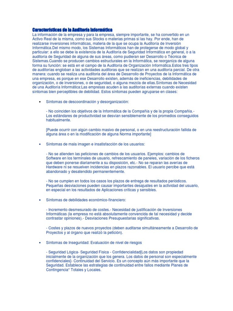Características de la Auditoría Informática Seguridad y