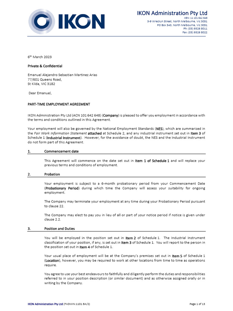 Part-Time Employment Agreement Details | PDF | Occupational Safety And ...