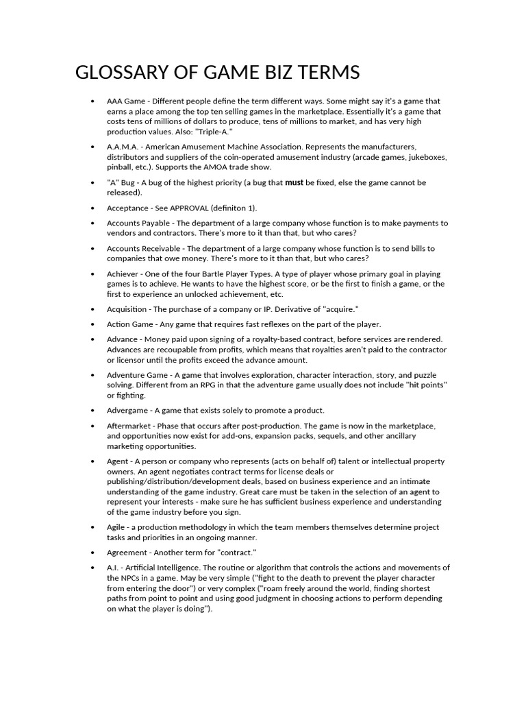 Glossary of Game Biz Terms | PDF | Software Testing | Résumé