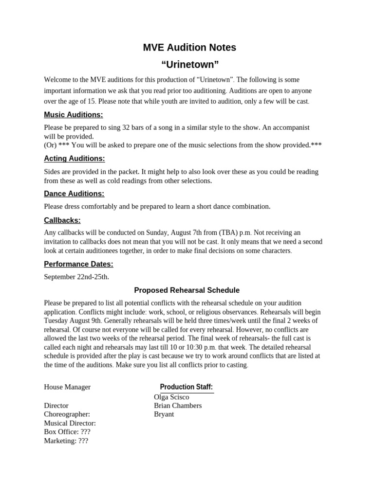 Urinetown Audition Information Guide | PDF | Audition | Musical Techniques