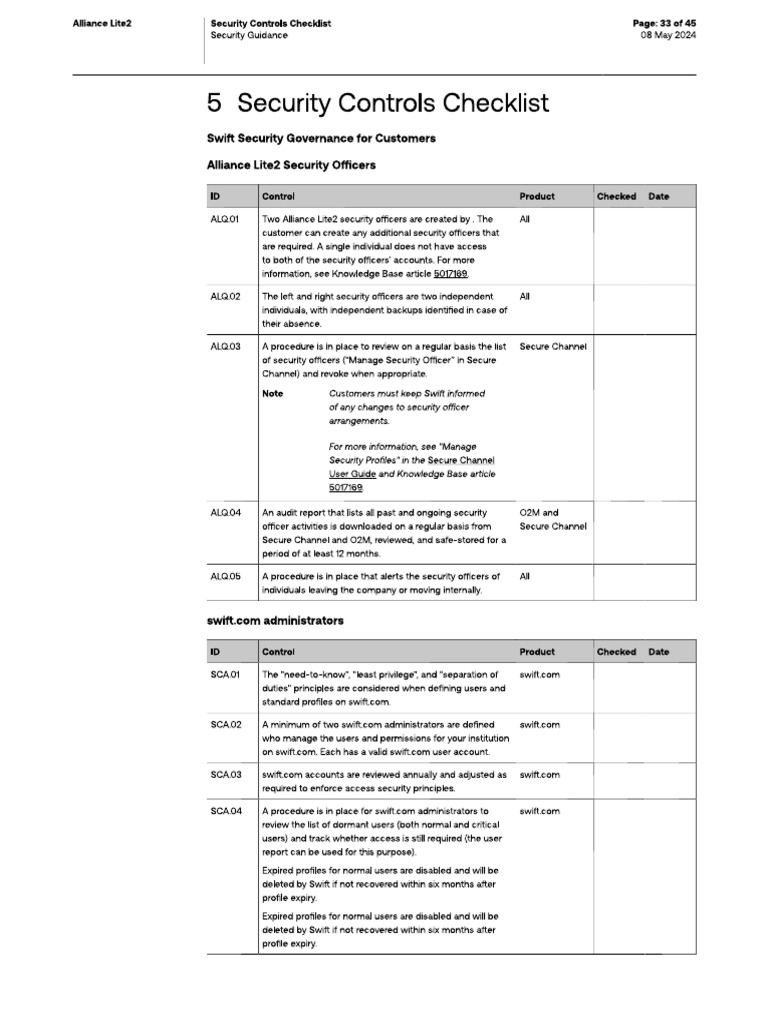Swift - Security Controls Checklist | PDF