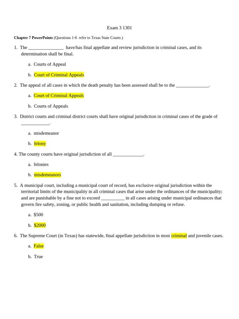 Texas Court Systems Exam Questions | PDF | Plea | Plea Bargain