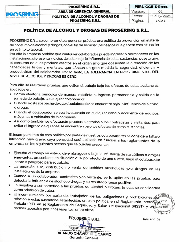 8.1.1.6 PSRL-SS-POL - Ad - Politica de Alcohol y Drogas | PDF