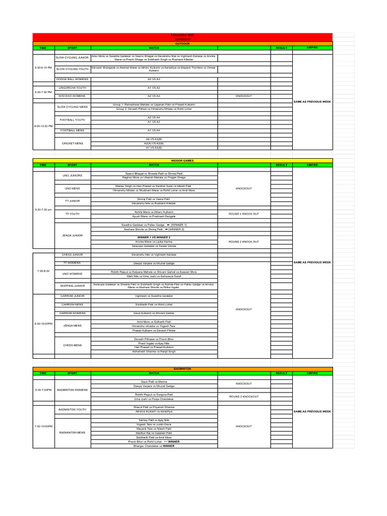 6 December-SaturdayFixtures - Sheet3 (2) | PDF