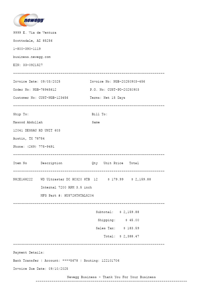 Newegg Invoice for WD Ultrastar Purchase | PDF