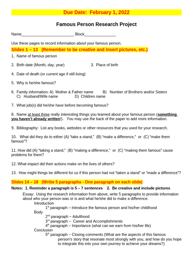 Famous Person Research Project Guide | PDF