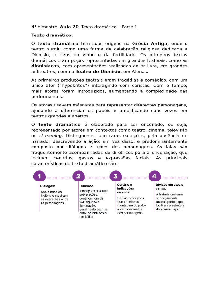 4o Bimestre. Aula 20. Texto Dramático - Parte 1 | PDF