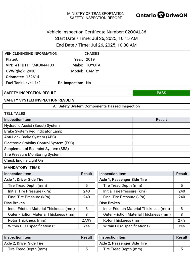 2019 Toyota Camry Safety Inspection Report | PDF | Tire | Brake