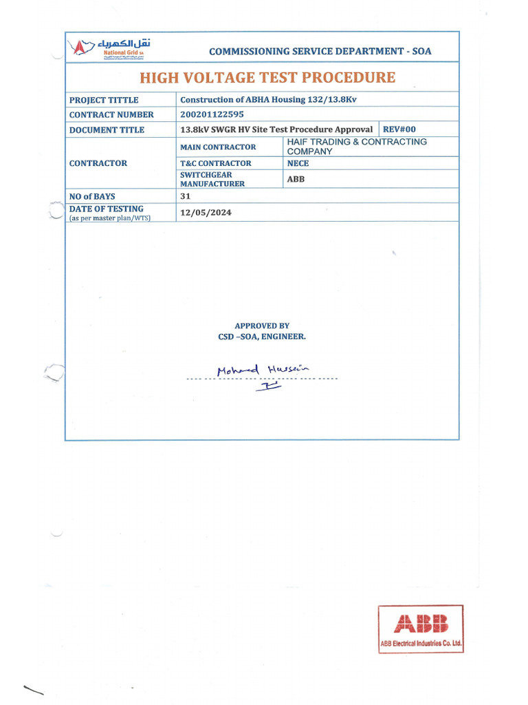 HV Test Procedure Abha Housing 13.8kv SWG | PDF