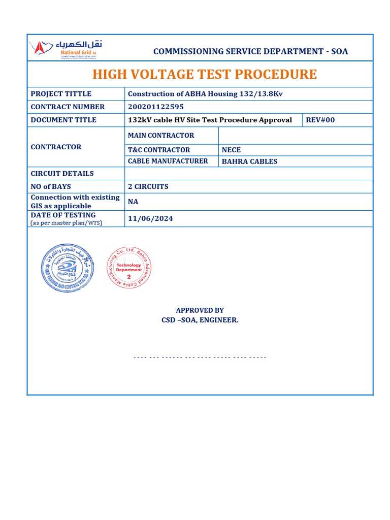 132kV Cable HV Testing Procedure Guide | PDF | Insulator (Electricity ...