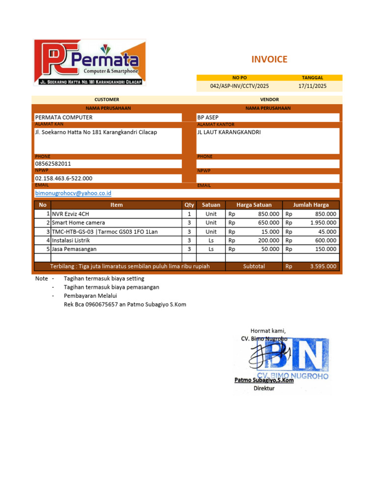Invoice Pemasangan CCTV dan Listrik | PDF
