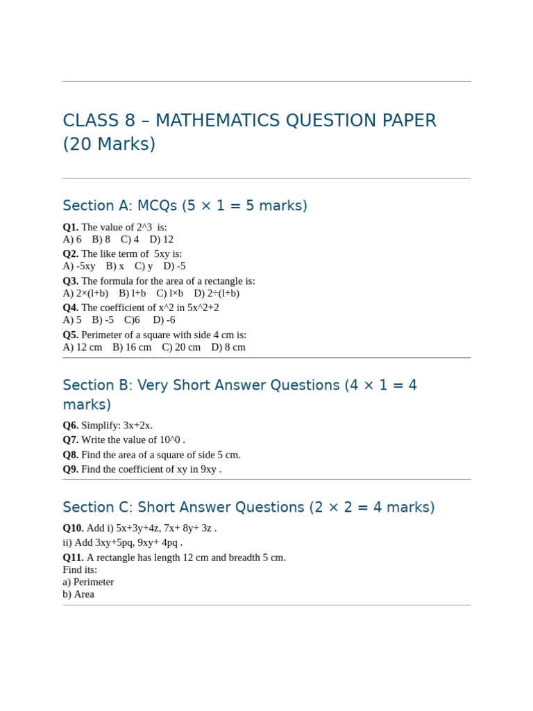 Class 8 Math Question Paper | PDF