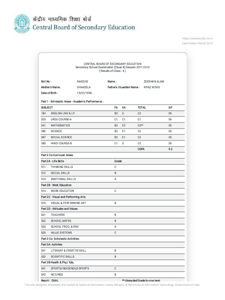 CBSE Class 10 Result 2013 for Zeeshan Alam | PDF | Student Assessment ...