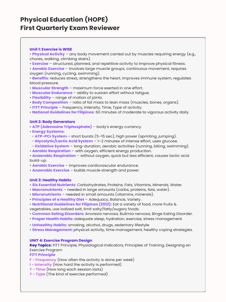 HOPE Physical Education Exam Review | PDF | Aerobic Exercise | Skeletal ...