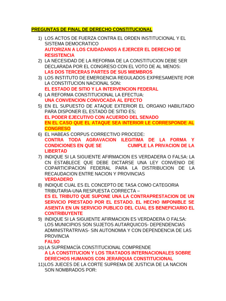 Preguntas y Respuestas de Final de Derecho Constitucional | PDF ...