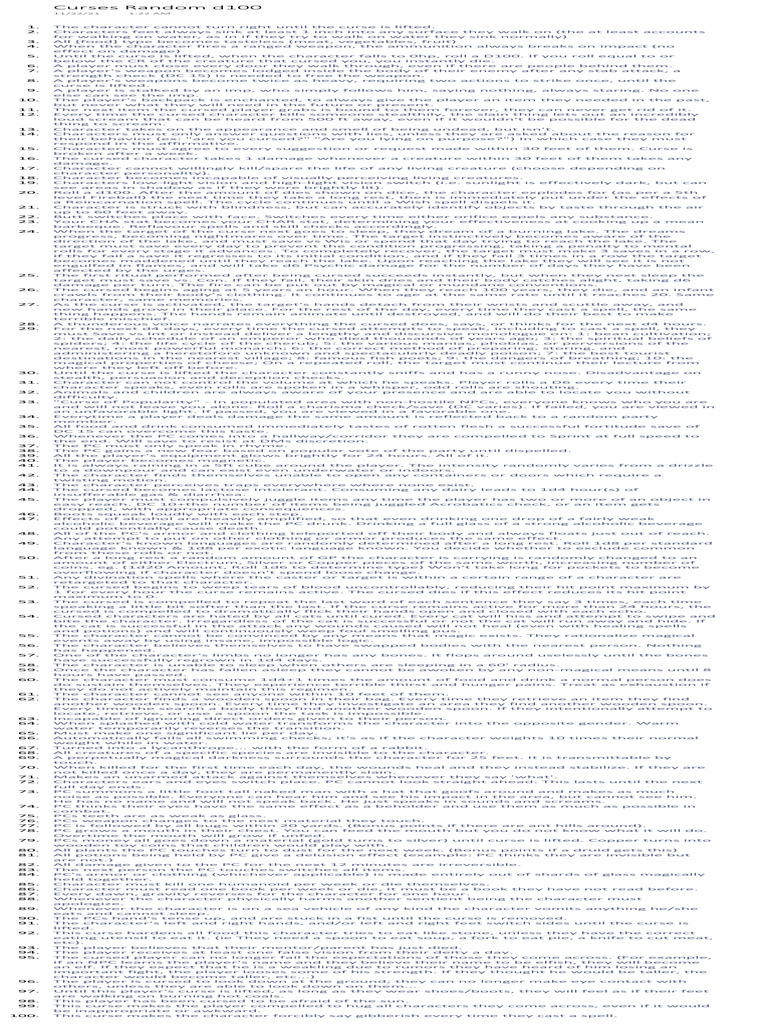 D100 Curses for RPG Characters | PDF