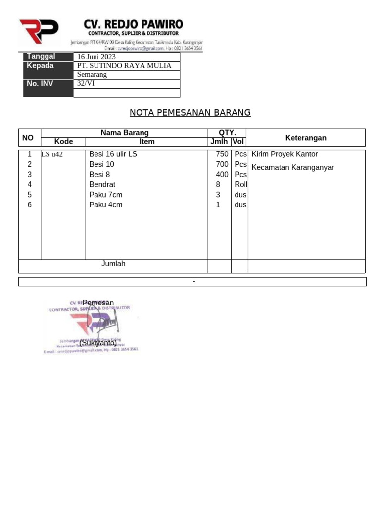 Nota Pemesanan Barang PT. Sutindo Raya | PDF