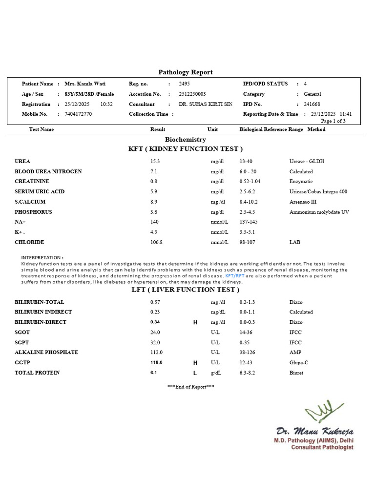Kidney and Liver Function Test Results | PDF | Hematology | Diseases ...