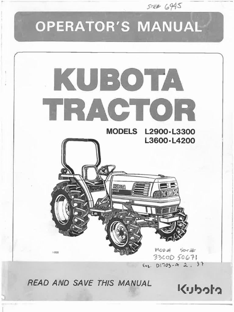 Kubota L2900, L3300, L3600, L4200 Owners Manual | PDF