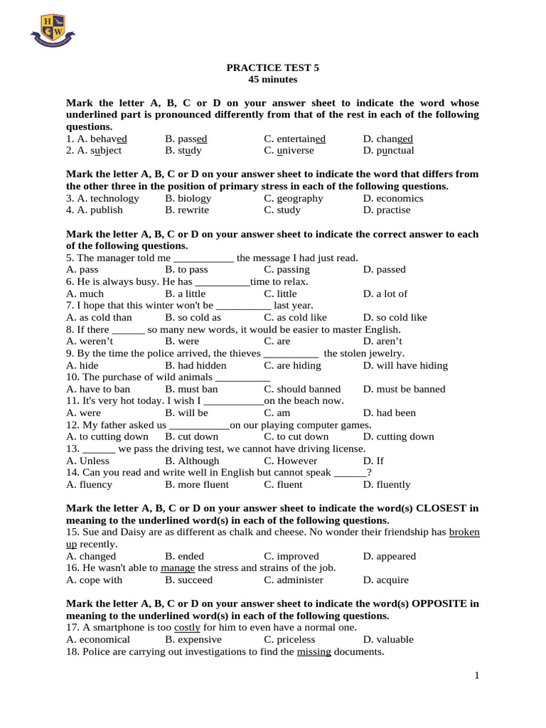 English Practice Test Questions | PDF