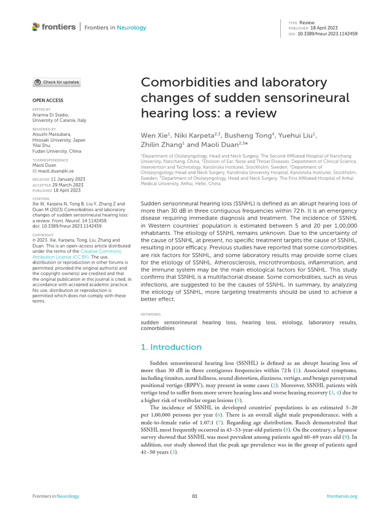 Comorbidities and Laboratory Changes of Sudden Sensorineural Hearing ...
