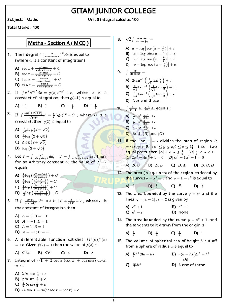 Integral Calculus MCQs for GITAM College | PDF | Mathematical Analysis ...