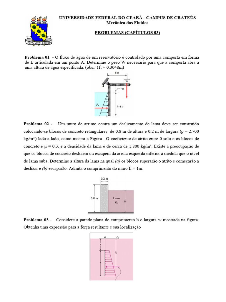 Problemas de Mecânica dos Fluidos UFCE | PDF