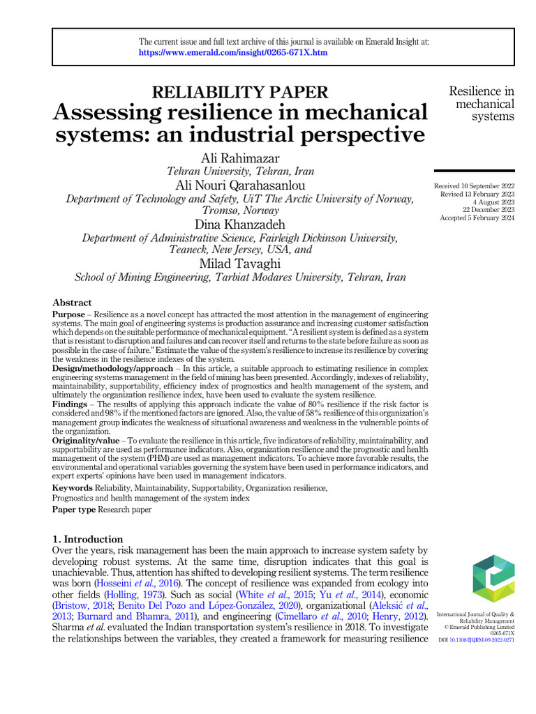 Assessing Resilience in Mechanical | PDF | Reliability Engineering